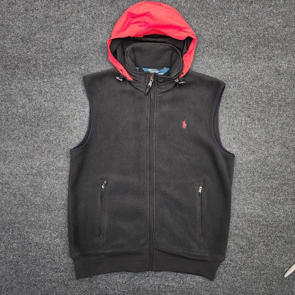 Vintage Polo‎ Ralph Lauren Mens Large Polartec Black Fleece Full Zip Vest Hooded